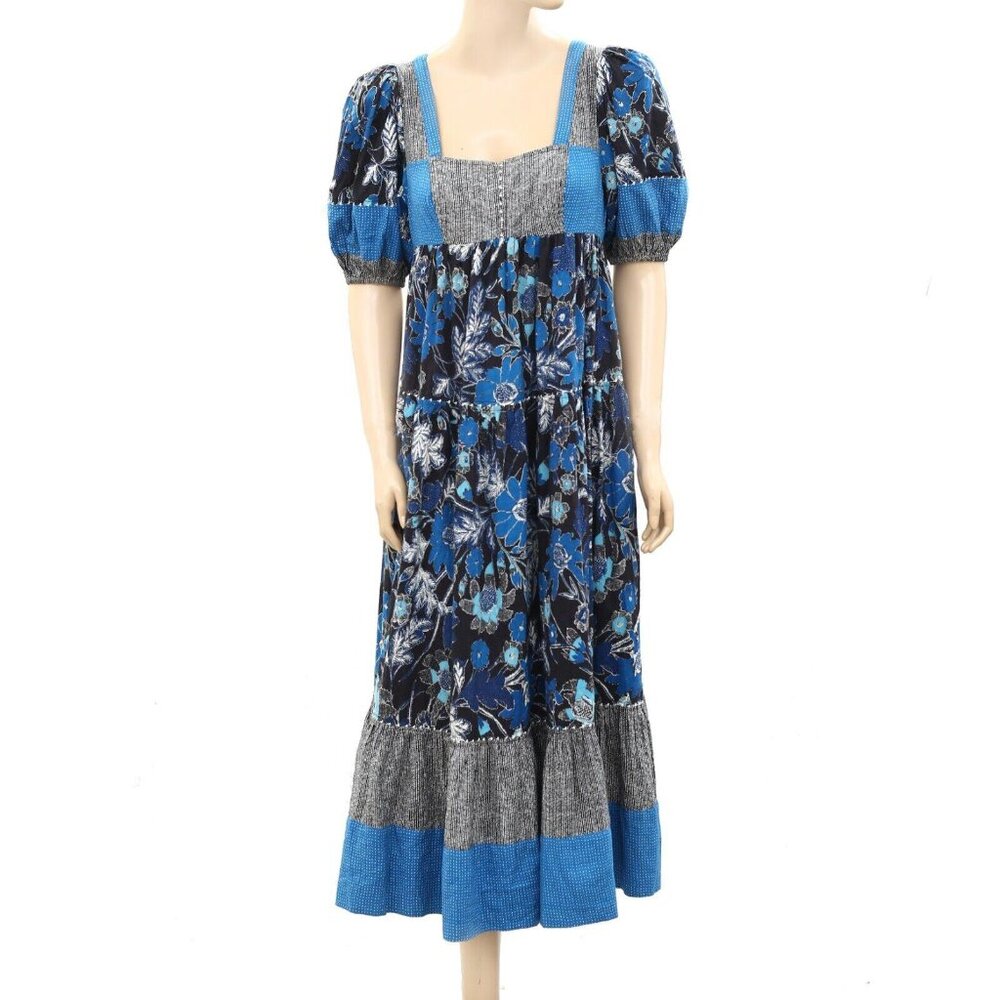 Ulla Johnson Floral Printed Puff Sleeves Midi Dress Patchwork Blue S New